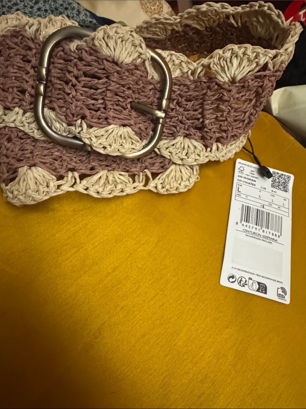 Mango Crochet Two-Tone Belt in Mauve and Cream with Silver Buckle